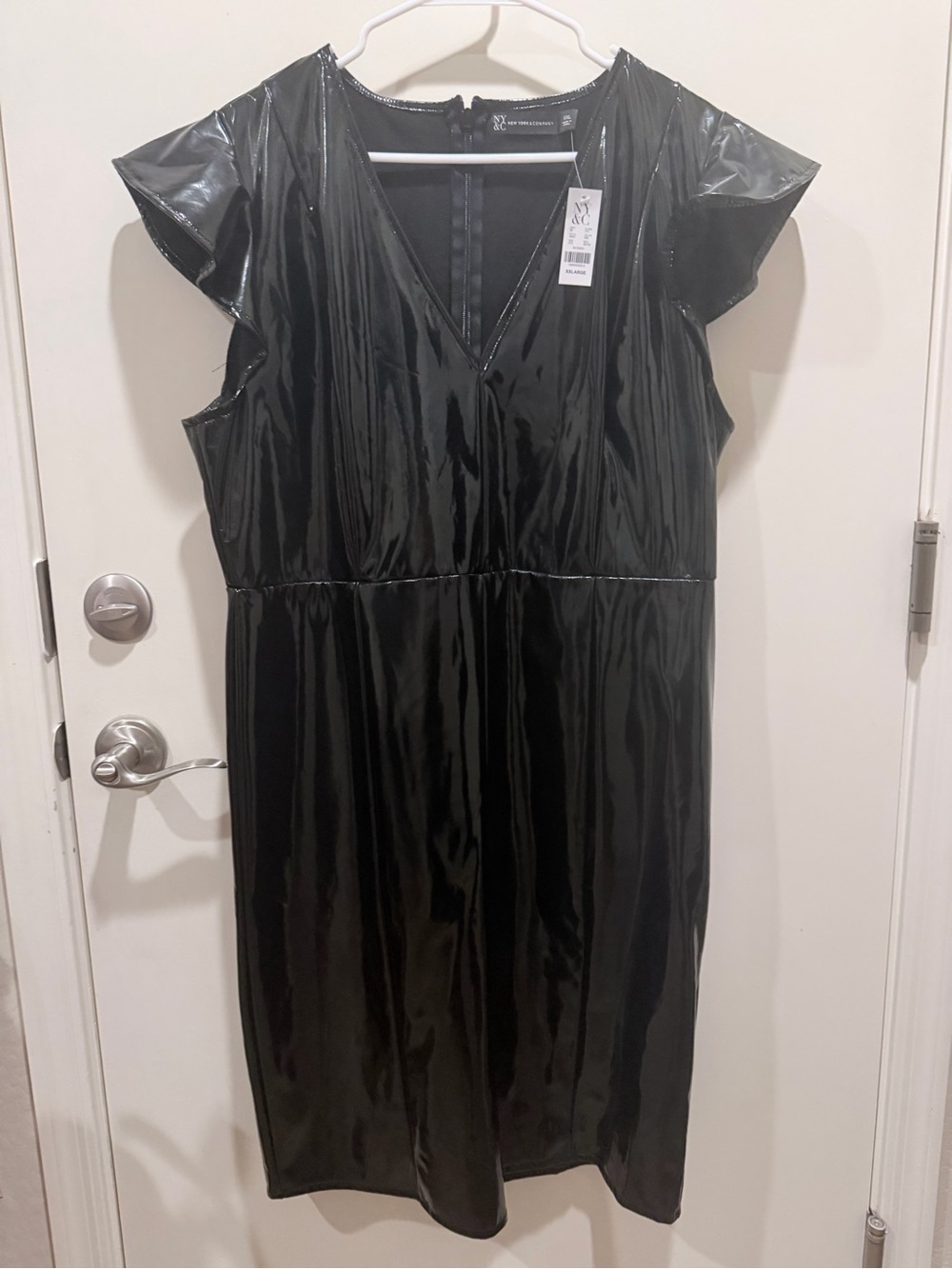 New York & Company Black Latex V-Neck Midi Dress